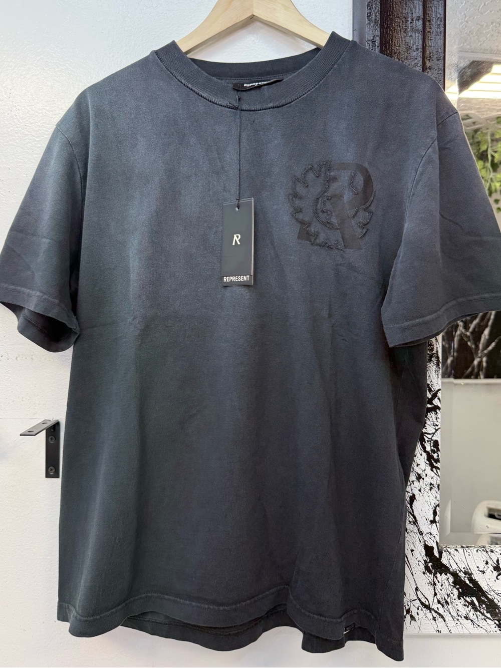 Represent X Belstaff Outline Phoenix acid wash Mens Black Crewneck Logo T-Shirt